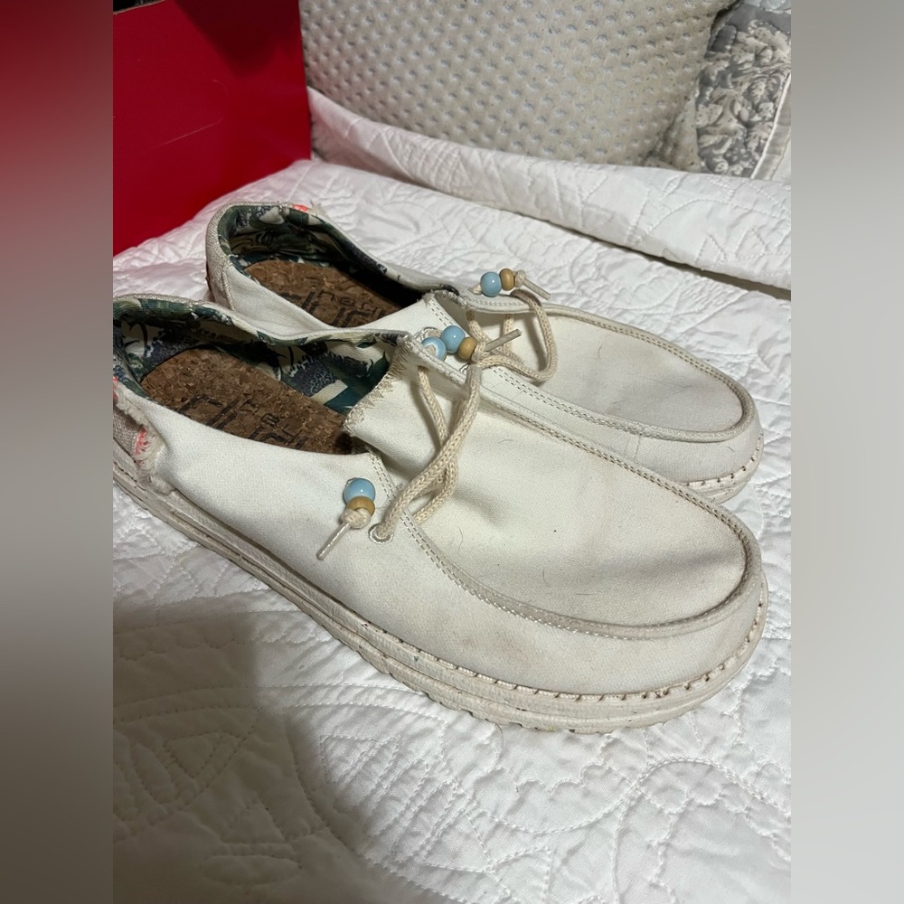 Hey Dude Women's Cream Loafers with Beaded Laces